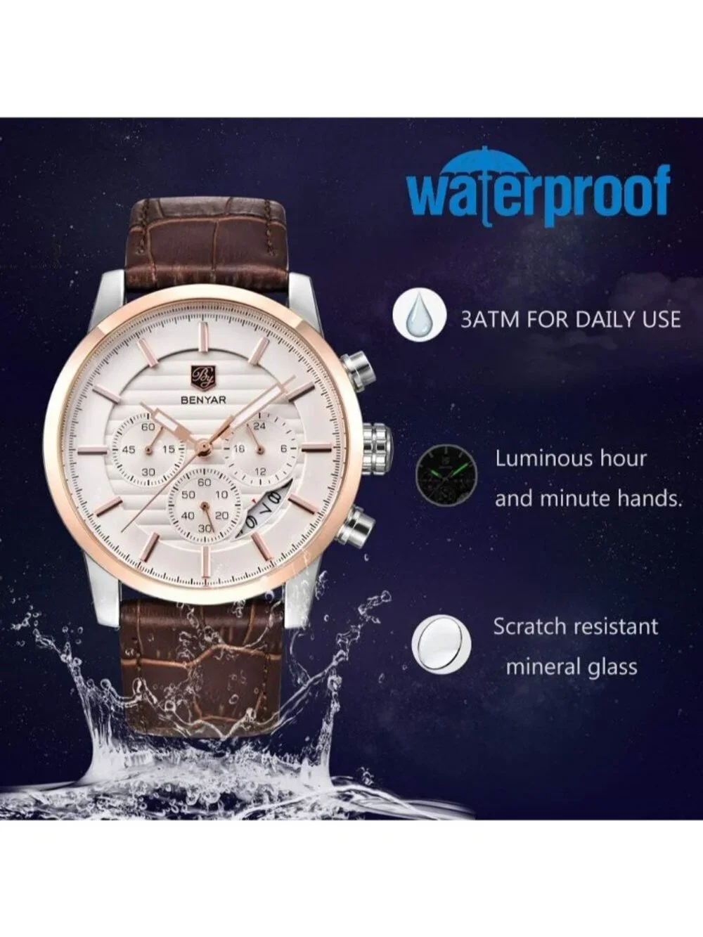 Mens Rose Gold And White Analog Leather Strap Chronograph Waterproof Wrist Watch